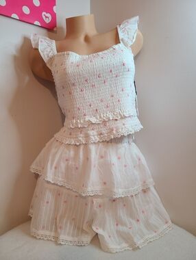 Japna White Cotton Two-Piece Set with Pink Floral Embroidery Size Lg